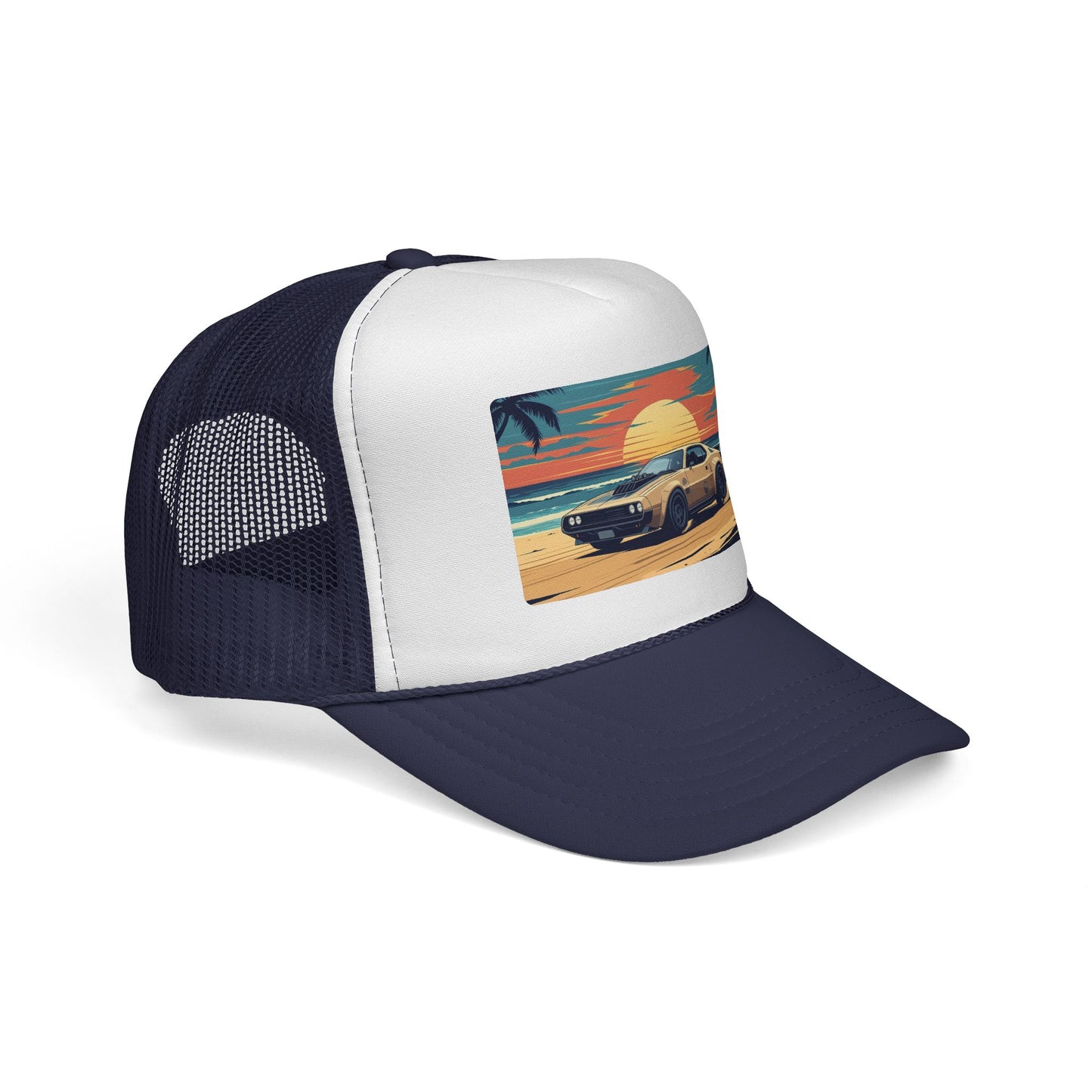Vintage Sports Car Sunset Trucker Hat – Retro Beach Drive Mesh Cap
