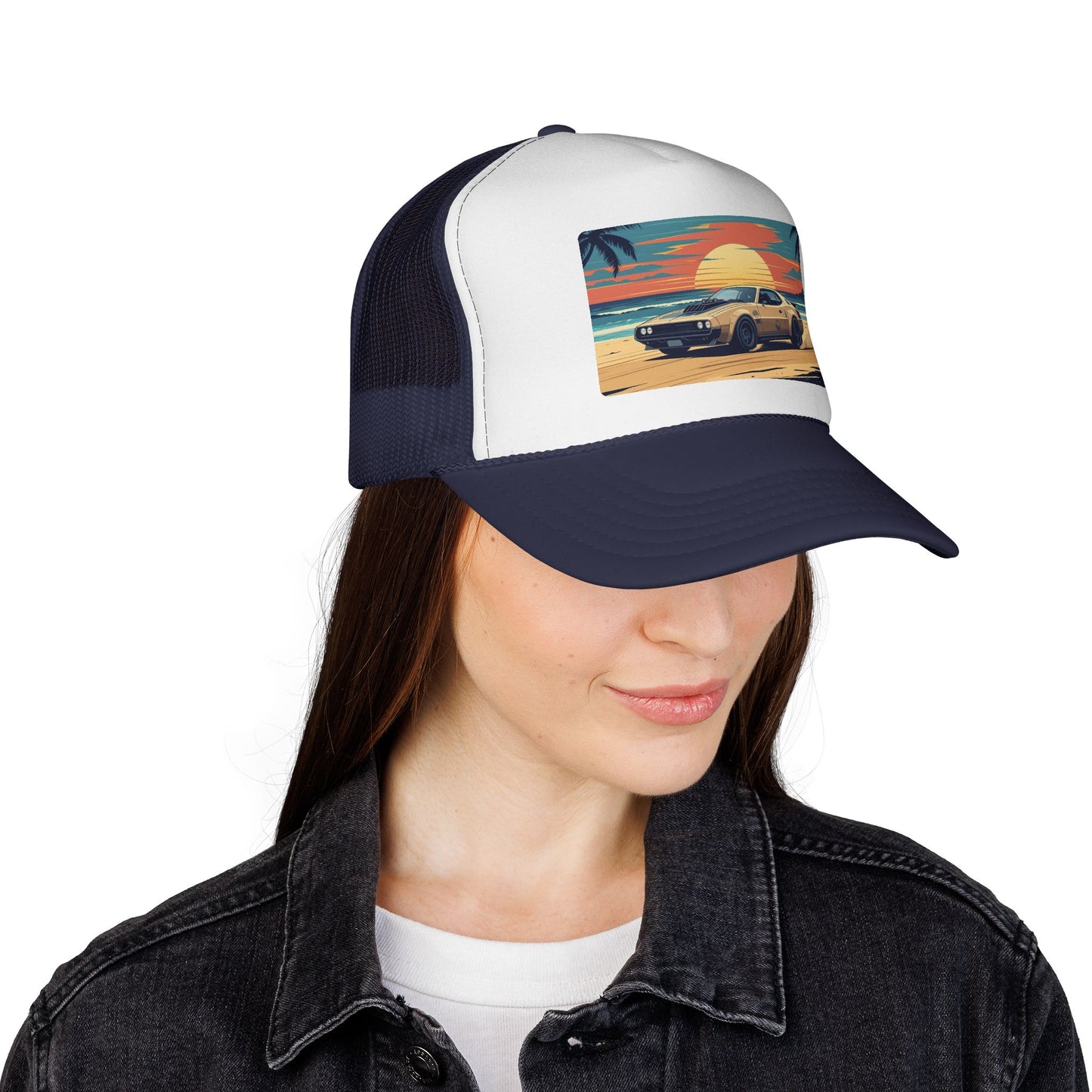 Vintage Sports Car Sunset Trucker Hat – Retro Beach Drive Mesh Cap