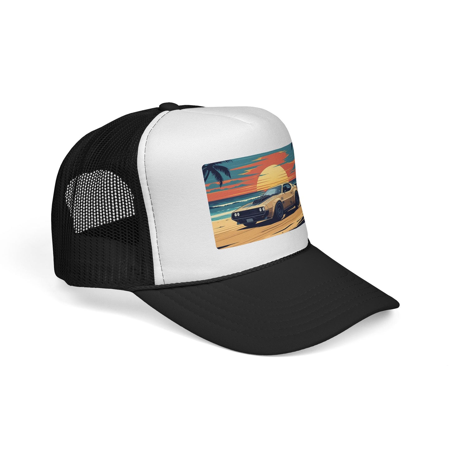 Vintage Sports Car Sunset Trucker Hat – Retro Beach Drive Mesh Cap