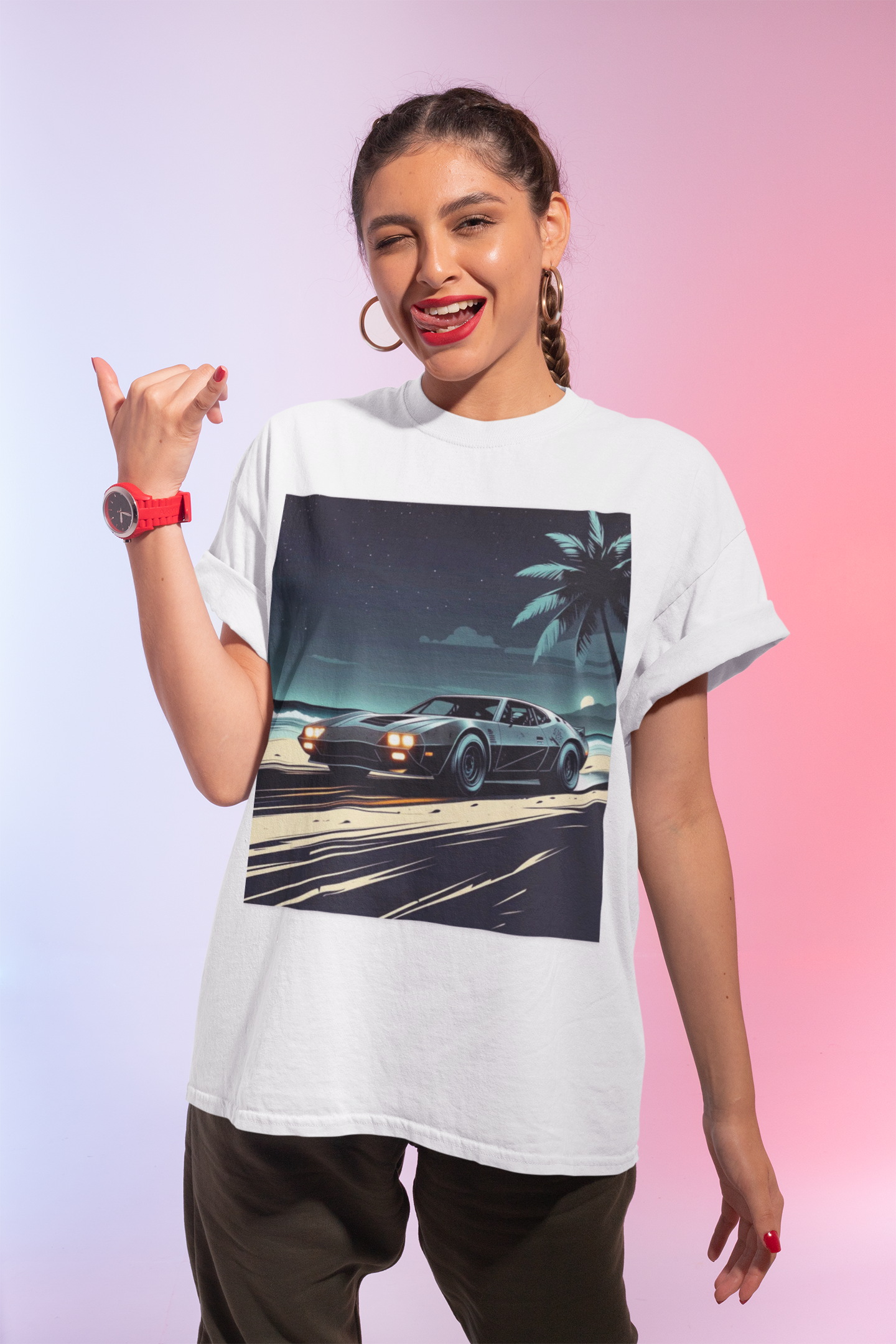 Car Driving Hawaiian Beach Night Unisex T-shirt