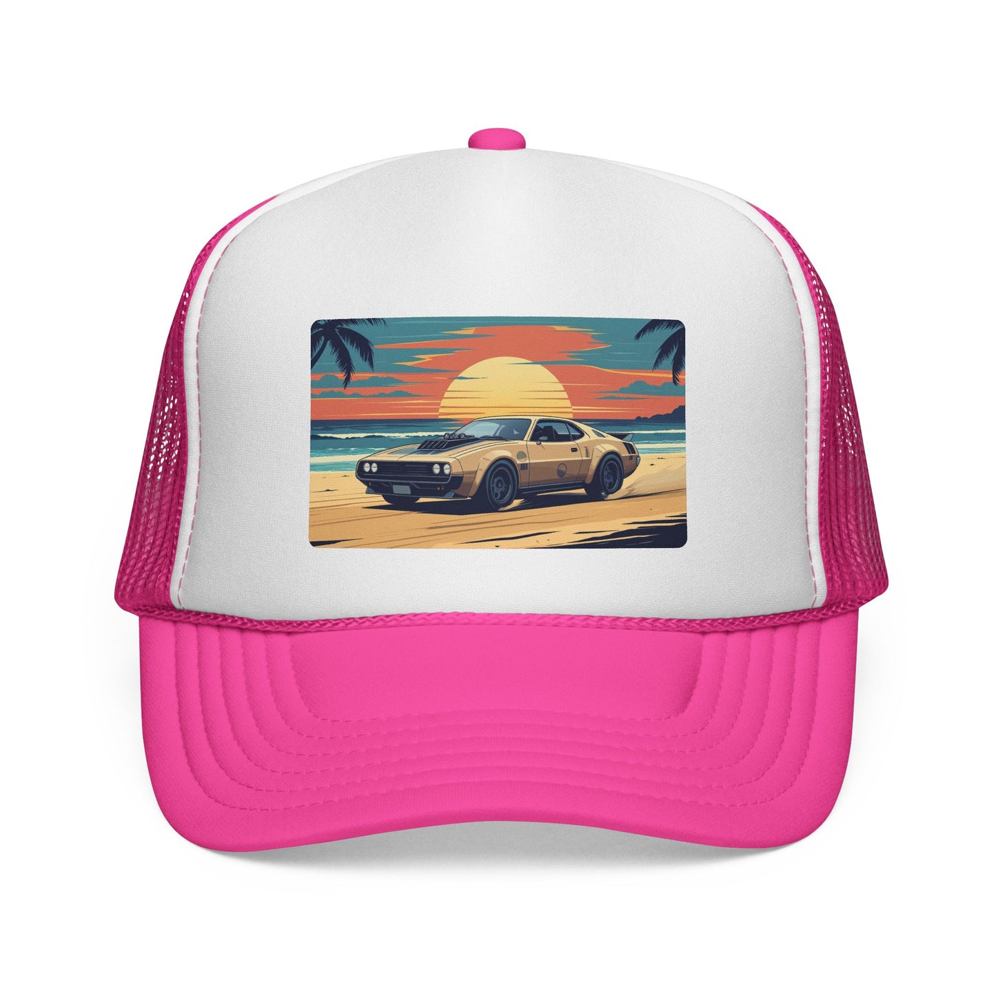 Vintage Sports Car Sunset Trucker Hat – Retro Beach Drive Mesh Cap
