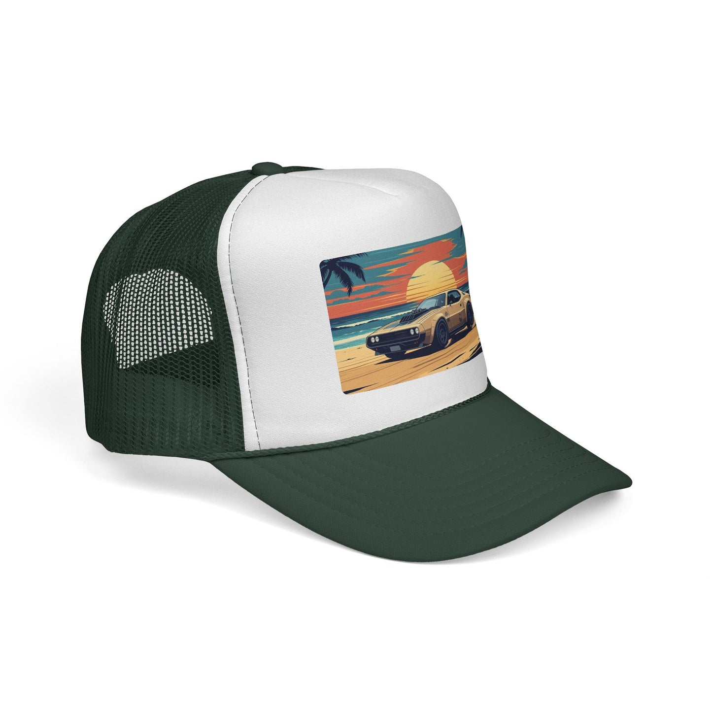 Vintage Sports Car Sunset Trucker Hat – Retro Beach Drive Mesh Cap