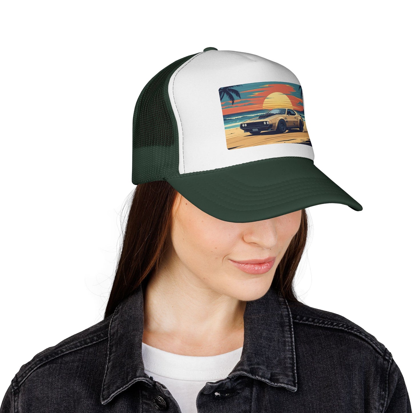 Vintage Sports Car Sunset Trucker Hat – Retro Beach Drive Mesh Cap