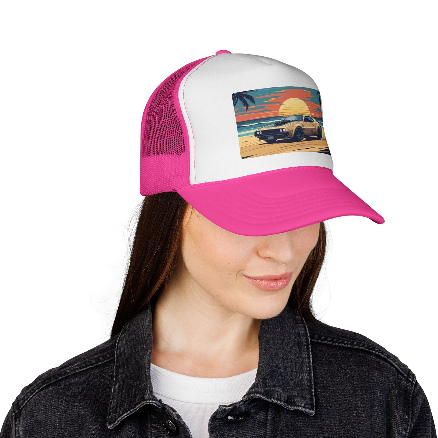 Vintage Sports Car Sunset Trucker Hat – Retro Beach Drive Mesh Cap