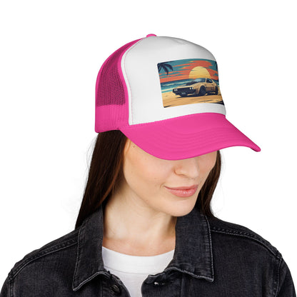 Vintage Sports Car Sunset Trucker Hat – Retro Beach Drive Mesh Cap