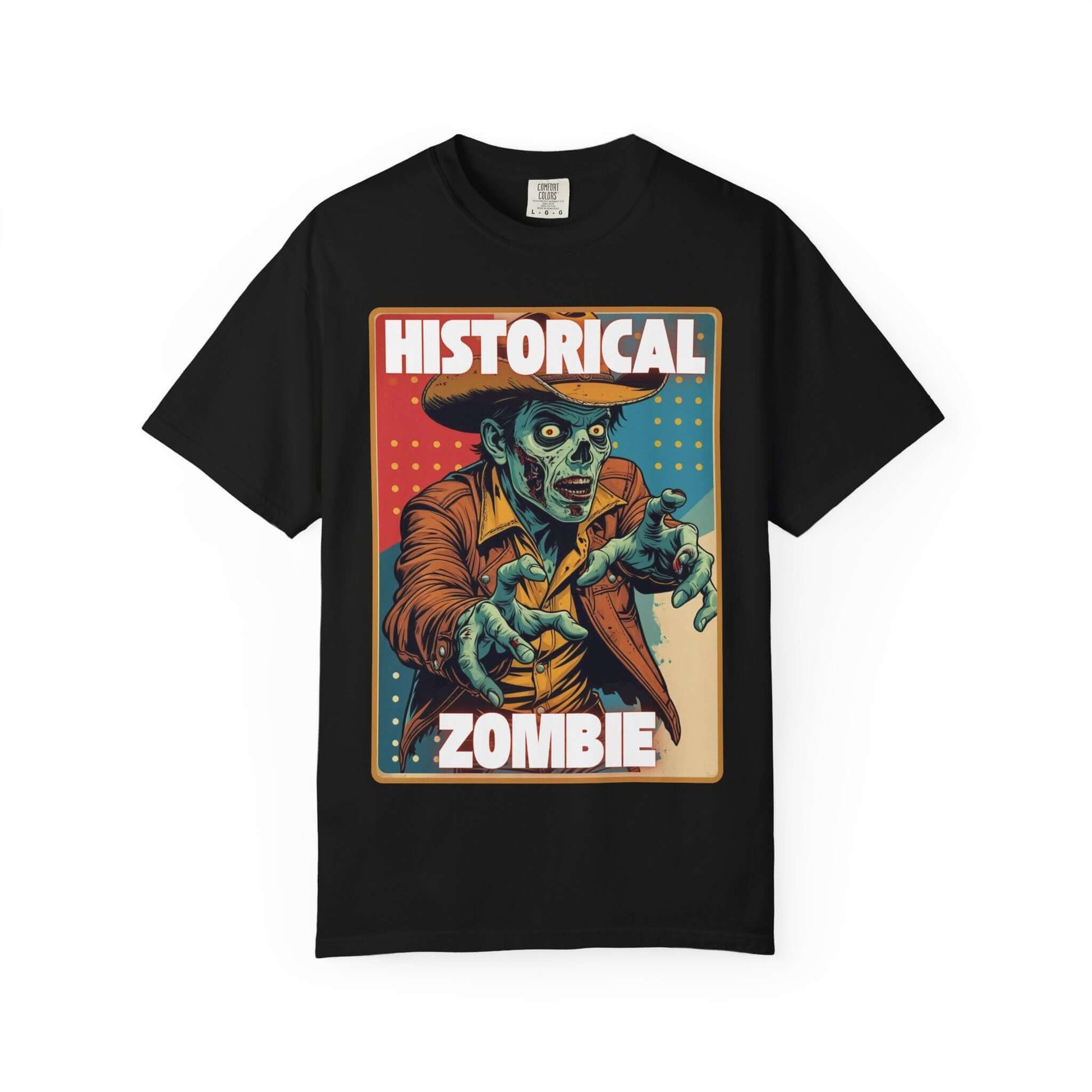 Cowboy zombie historical T-shirt design for Halloween on black background.