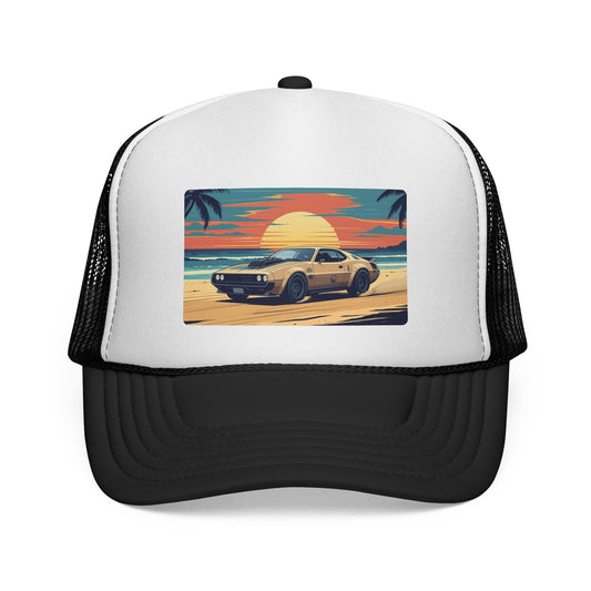 Vintage Sports Car Sunset Trucker Hat – Retro Beach Drive Mesh Cap
