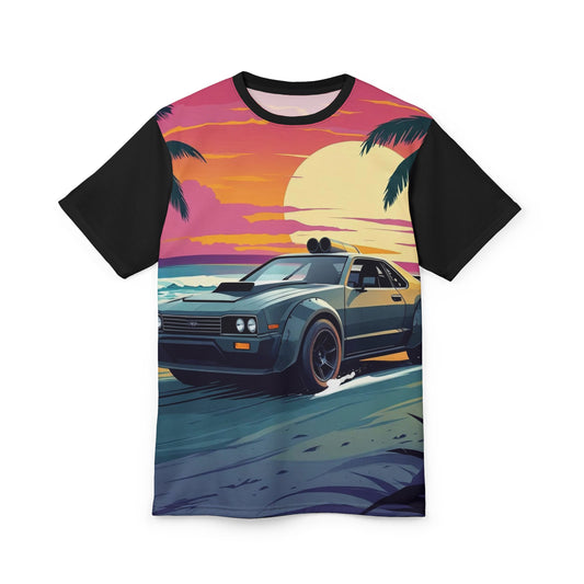 T-Shirt - Cool Car with a Hawaiian Sunset Design