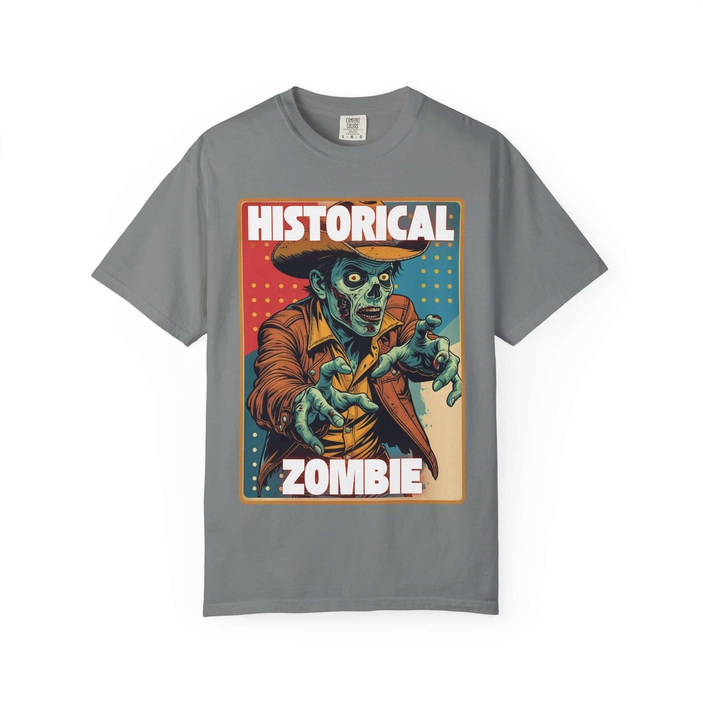 Cowboy Zombie Historical T-Shirt for Halloween featuring a vintage graphic design on a gray shirt.
