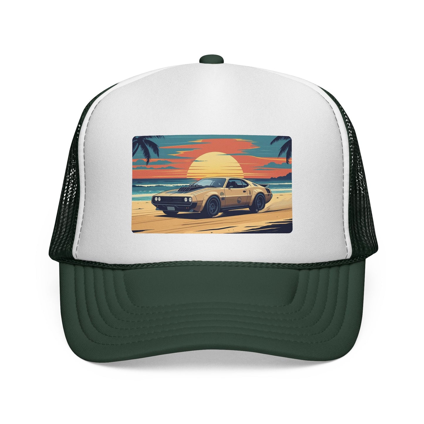 Vintage Sports Car Sunset Trucker Hat – Retro Beach Drive Mesh Cap