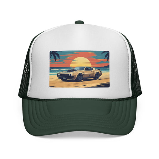 Vintage Sports Car Sunset Trucker Hat – Retro Beach Drive Mesh Cap