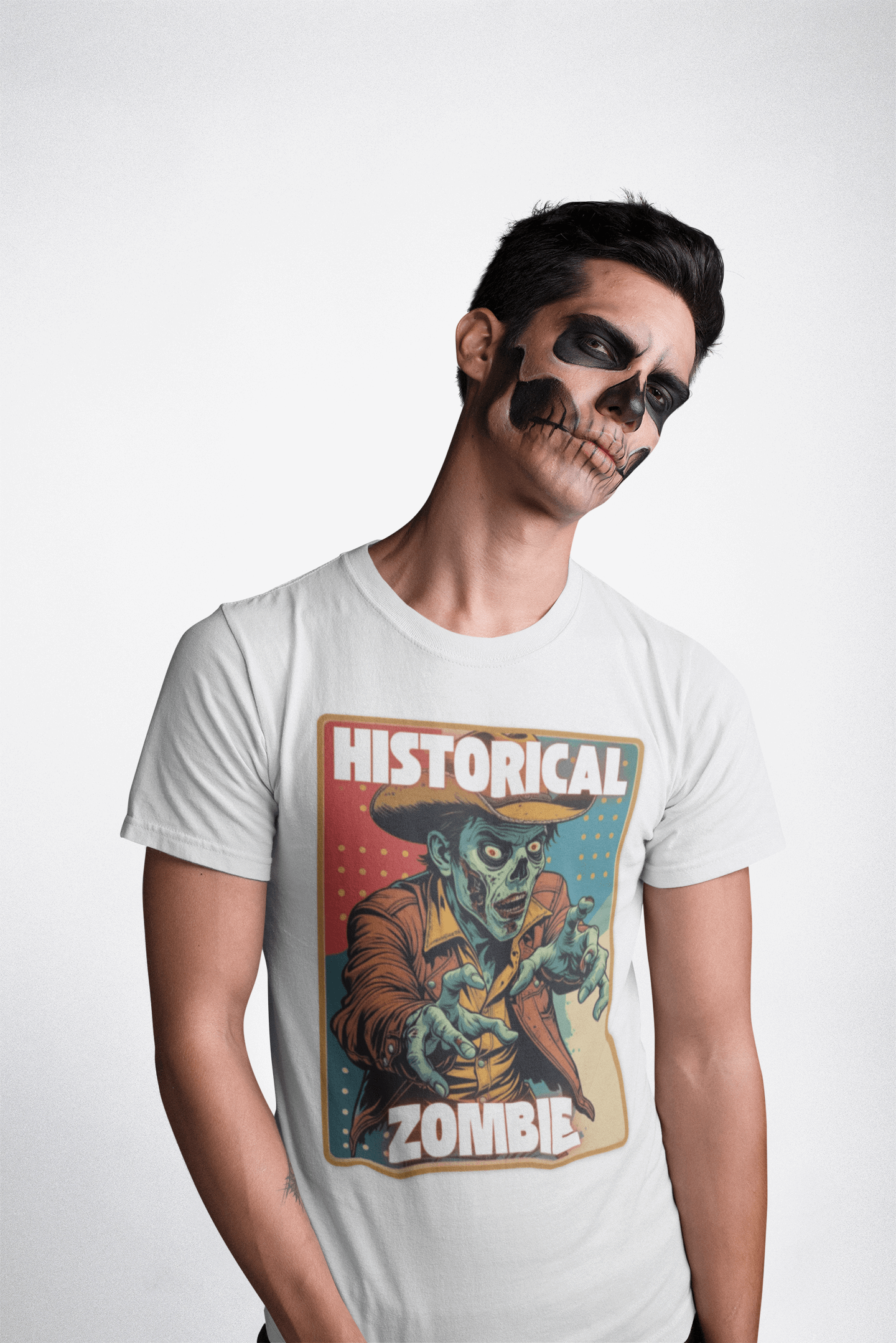 Model wearing a Cowboy Zombie historical t-shirt with a spooky skull makeup, ideal for Halloween attire.