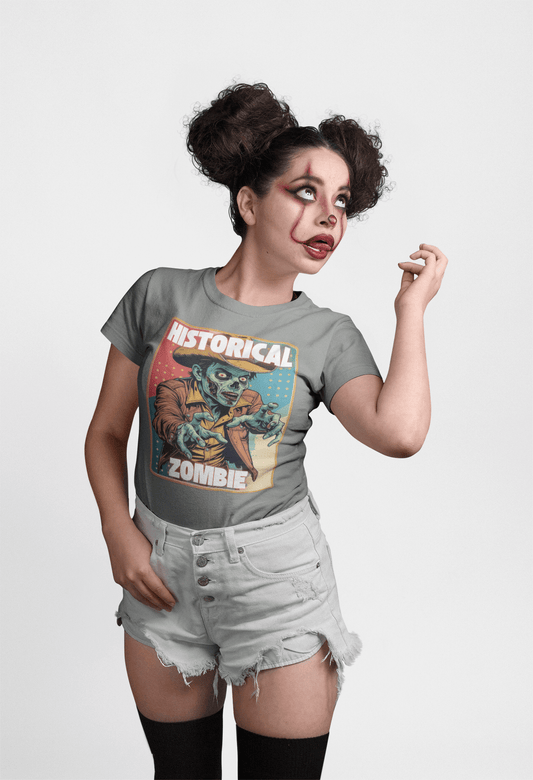 Model wearing a Cowboy Zombie Historical T-shirt for Halloween, showcasing a spooky design and casual fashion.
