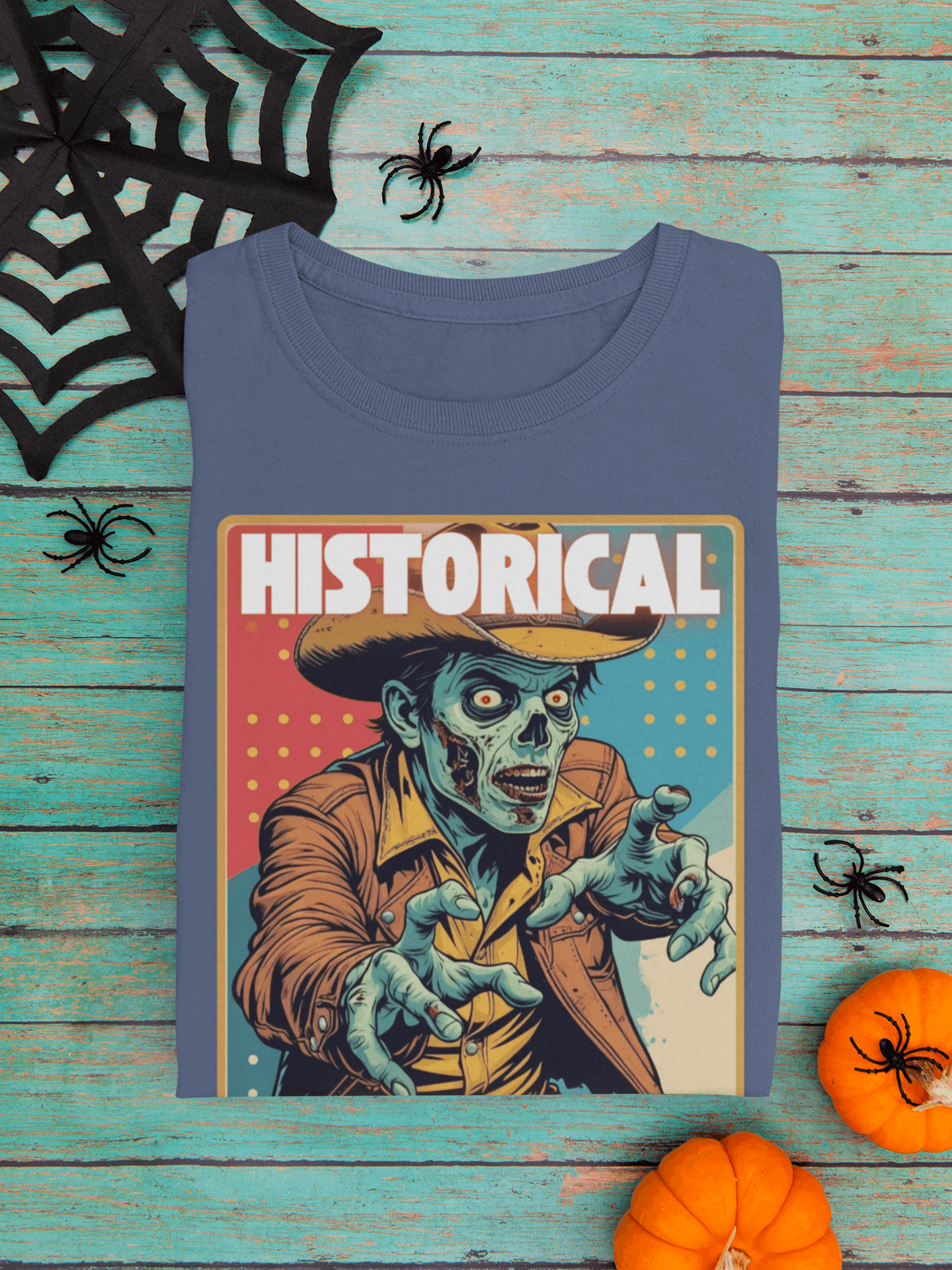 Cowboy Zombie Historical T-shirt displayed on a rustic table with pumpkins and spider decorations for Halloween.