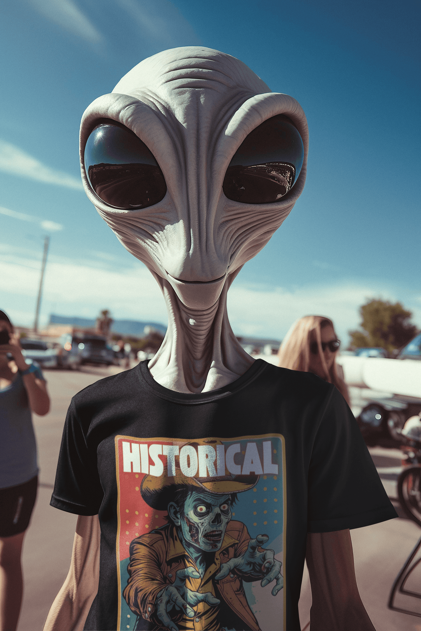 Alien wearing a Cowboy Zombie Historical T-shirt at an outdoor event against a clear blue sky.