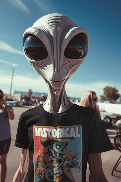 Alien wearing a Cowboy Zombie Historical T-shirt at an outdoor event against a clear blue sky.