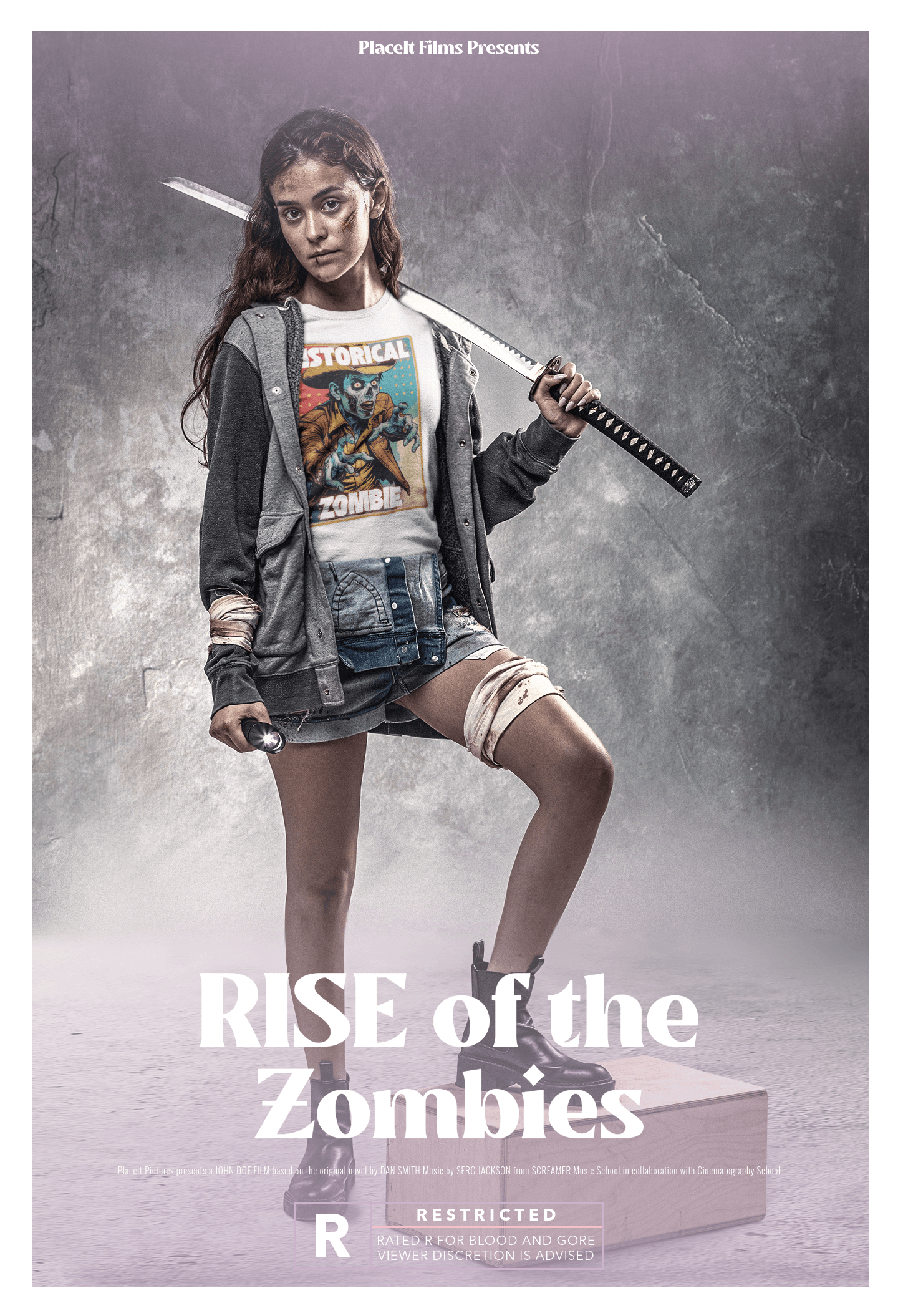 Young woman in zombie-themed t-shirt wielding a sword, promoting 'Rise of the Zombies' movie poster.
