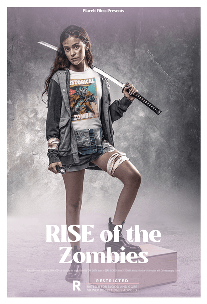 Young woman in zombie-themed t-shirt wielding a sword, promoting 'Rise of the Zombies' movie poster.