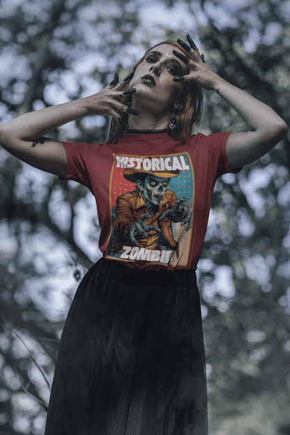 Woman wearing a Historical Zombie T-shirt for Halloween in an outdoor setting, showcasing spooky style.