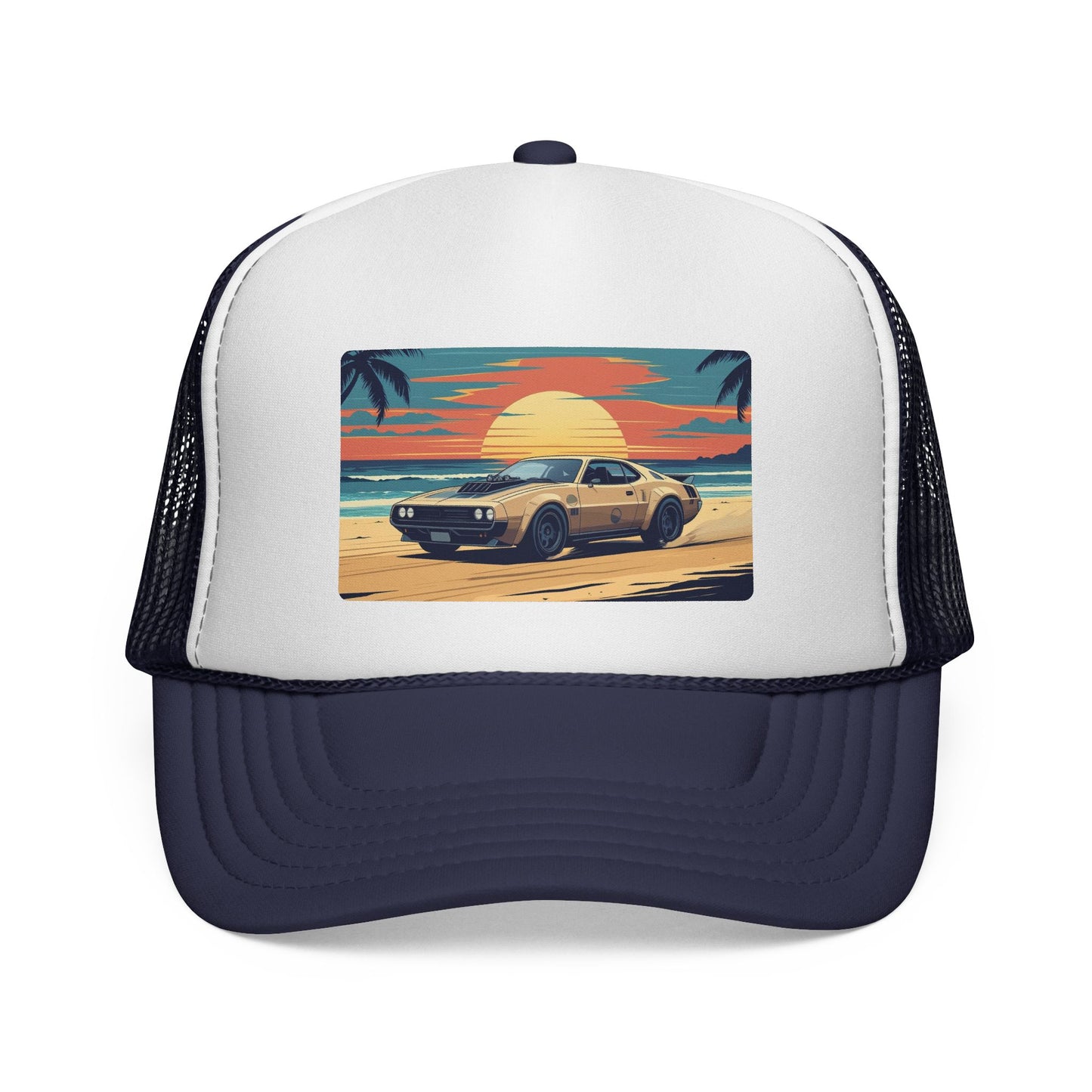 Vintage Sports Car Sunset Trucker Hat – Retro Beach Drive Mesh Cap