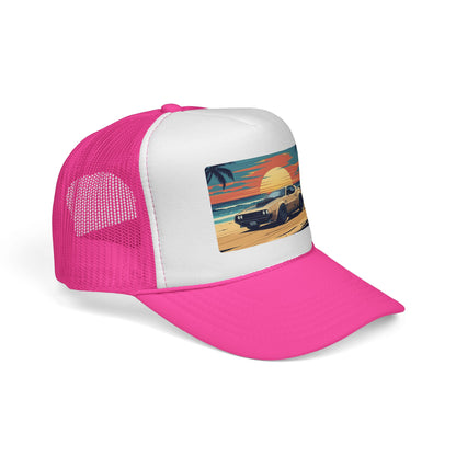 Vintage Sports Car Sunset Trucker Hat – Retro Beach Drive Mesh Cap