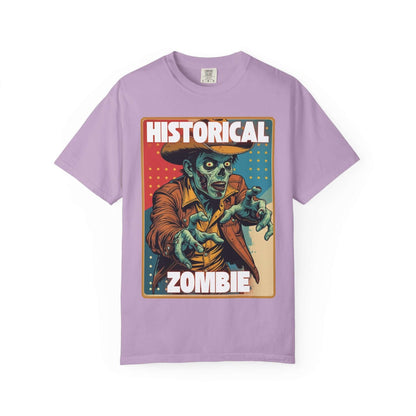 Cowboy zombie historical t-shirt in lavender with a spooky design, perfect for Halloween enthusiasts.
